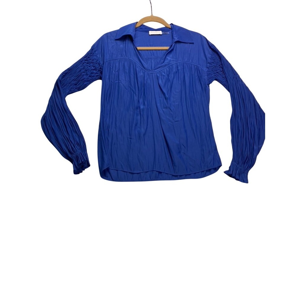 Ramy‎ Brook Blouse Womens XS Blue Pleated Smocked V-Neck Top Boho